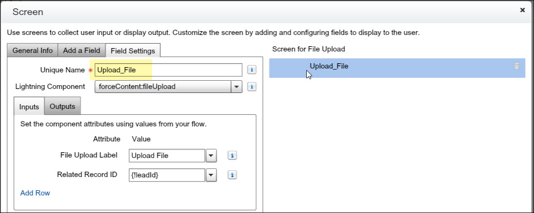 Screenshot showing the Upload_File Lightning Component in Flow