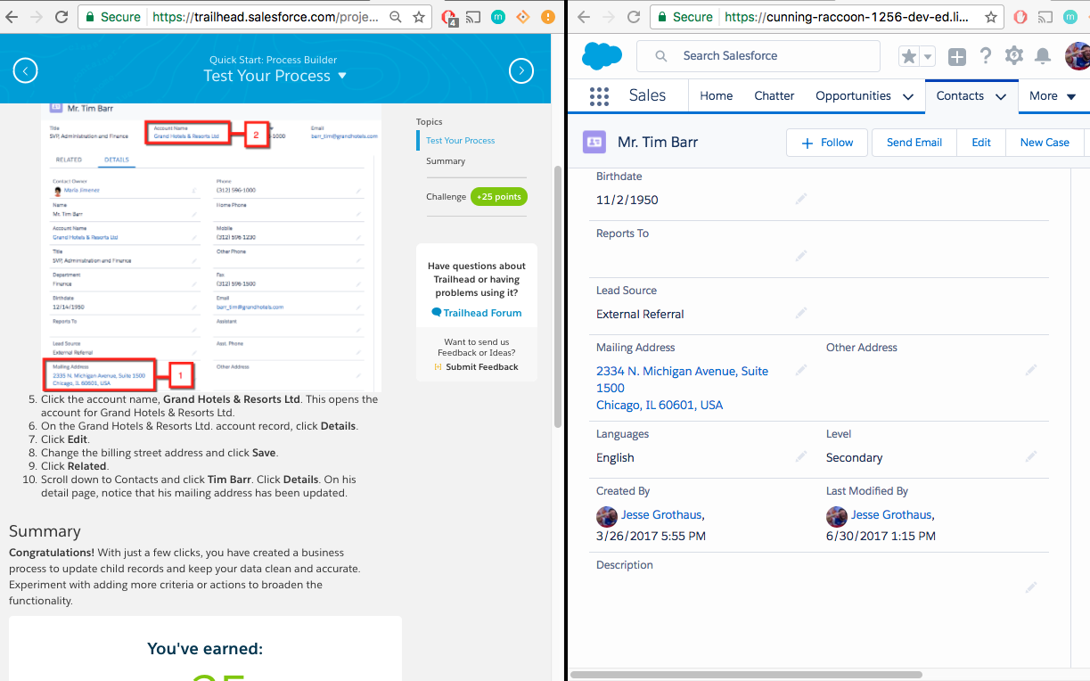 Side by side image of trailhead showing that I completed the project, and the other image is my org showing that I did not actually complete the exercise.