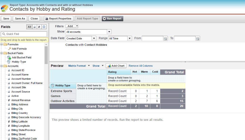 Contacts by Hobby and Rating report setup