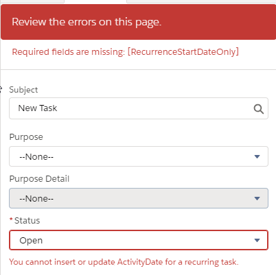 Task creation error from Account Detail page Activities related list