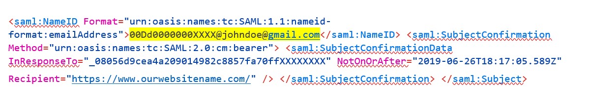 screenshot of json file from the SAML tracer log indicating the weird email address