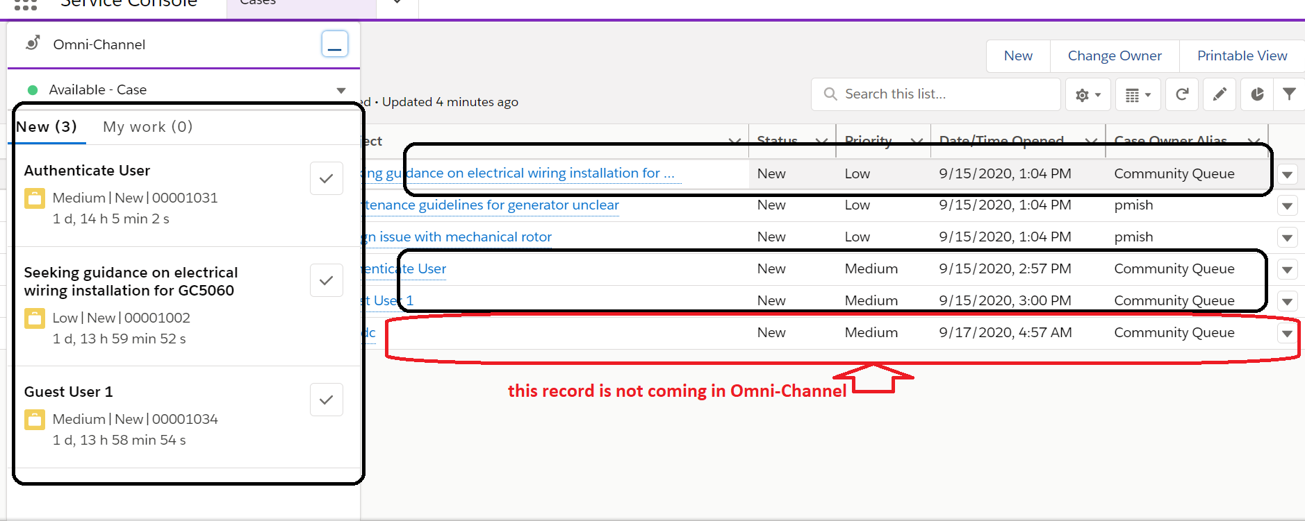 Omni-Channel not showing Case record created from Community