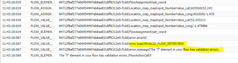 Execution log showing generic flow validation error
