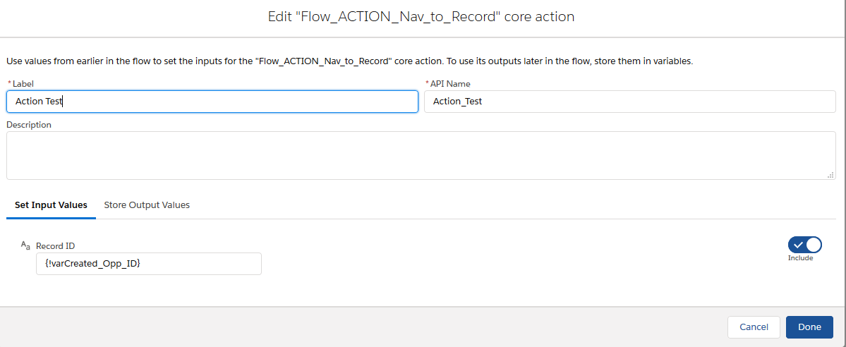 Screenshot passing newly created recordId to flow Action to display the record
