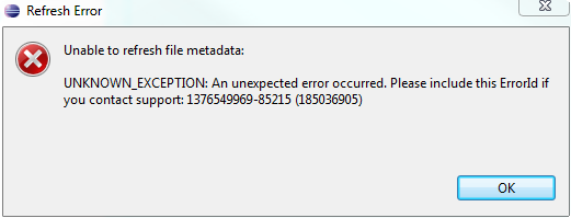 Screen capture of Refresh Error - Unable to refresh file metadata