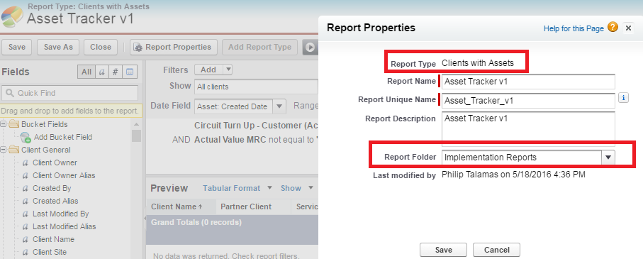 Report Type and Report properties