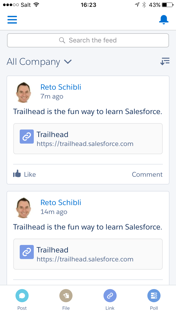 Challenge Not yet complete... here's what's wrong:  Could not find a link post to Trailhead in your Chatter feed. Please check the requirements.