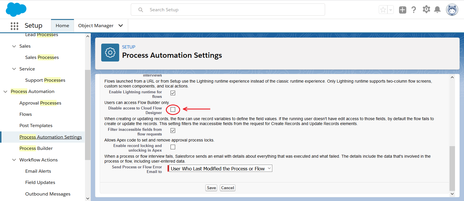 Screenshot of Process Automation Settings page
