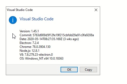 Visual Studio Code Version screeen