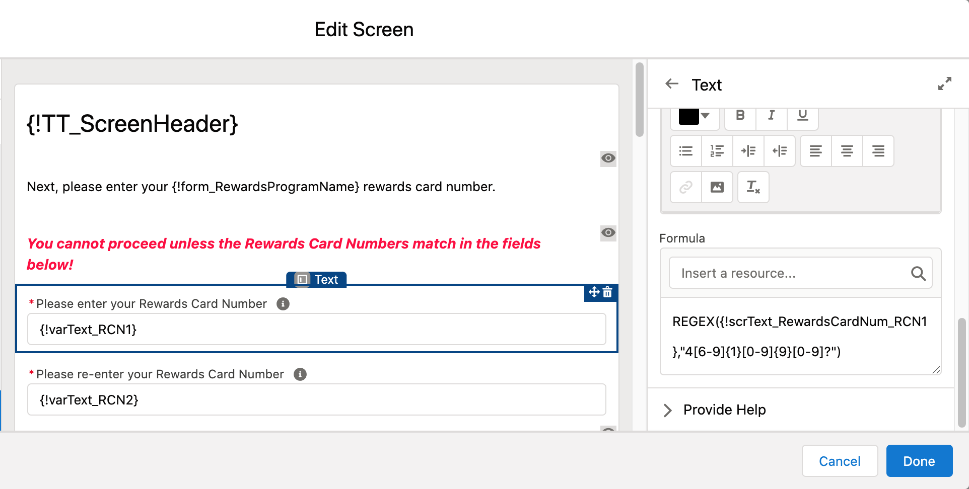 screenshot of flow screen component validation rule