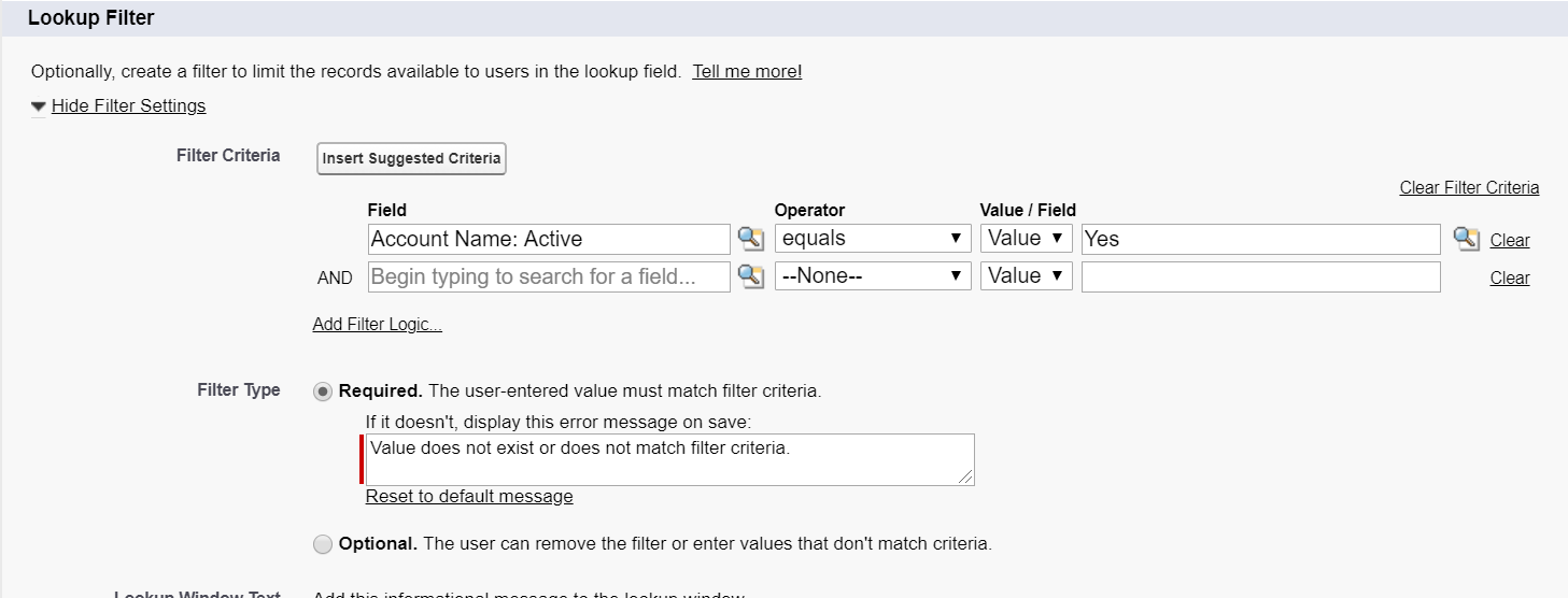 Account lookup filter on contact object