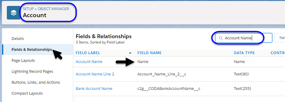 Find Account name field in lightning