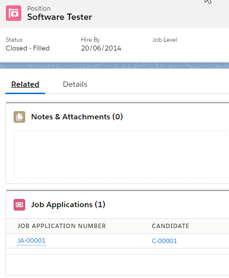 sample screen shot of position object showing related list for job applications