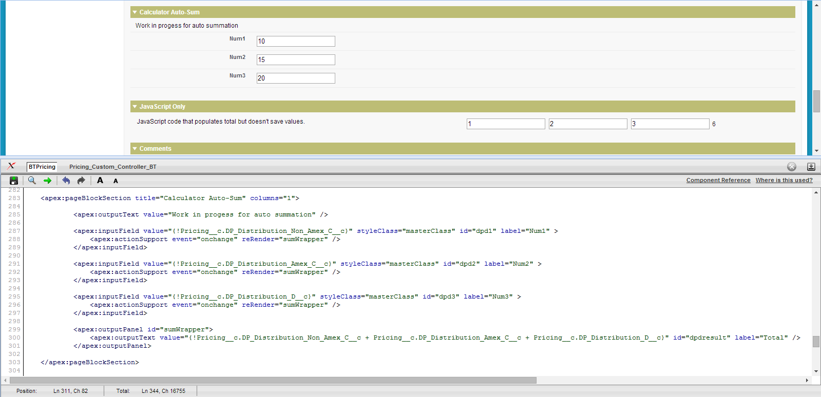 screenshot of code and page