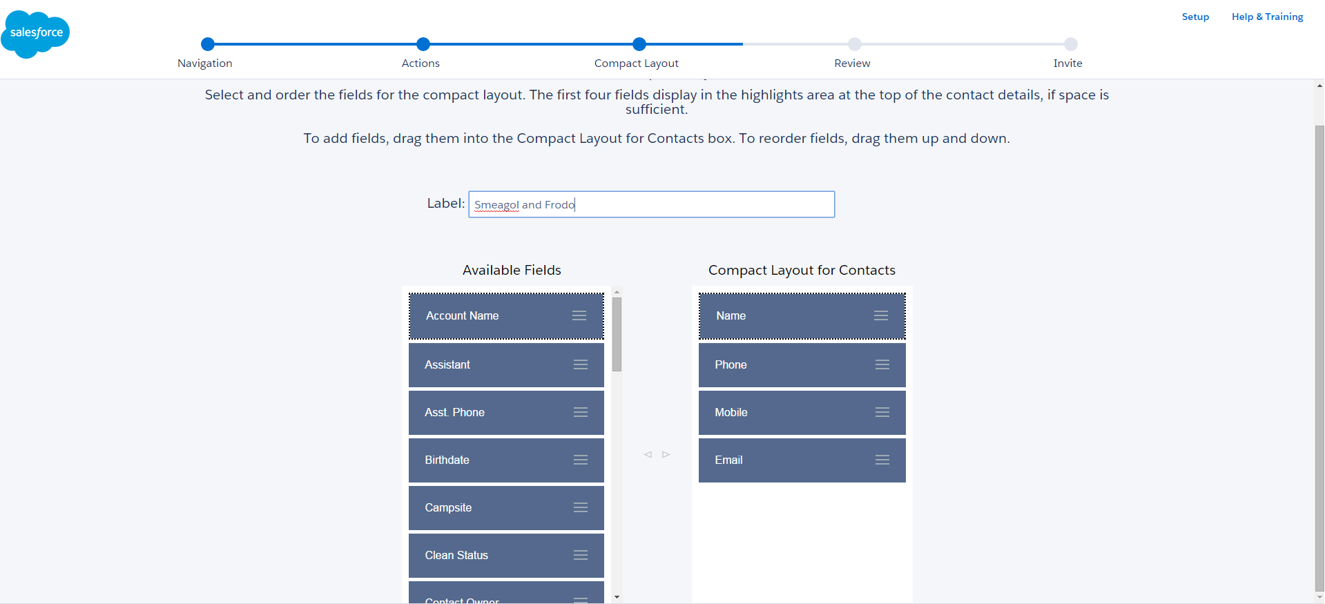 Creating a layout within Salesforce1 Setup Wizard